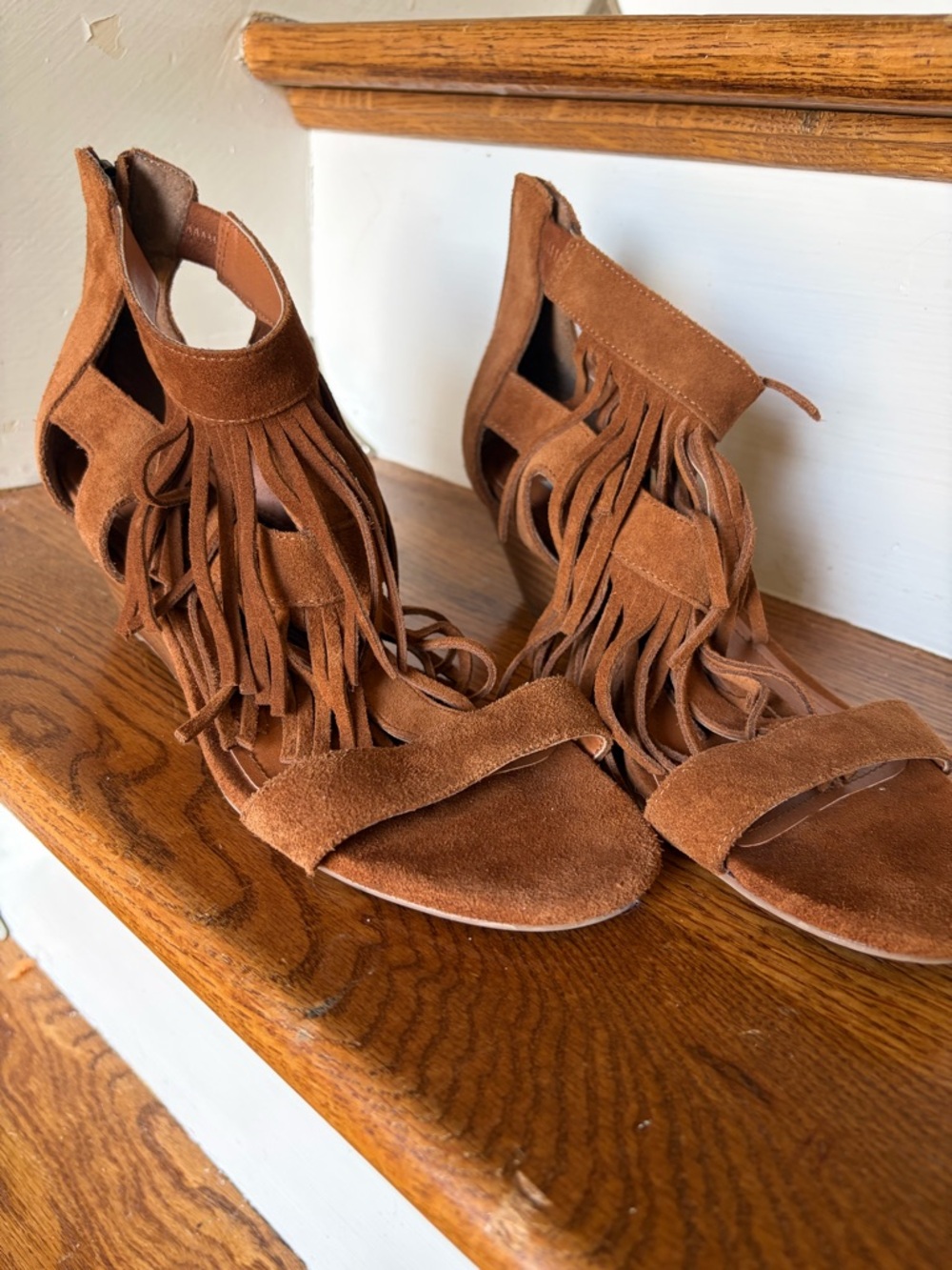 Steve Madden Brown Suede Fringe Wedge Sandals - Picture 2 of 5